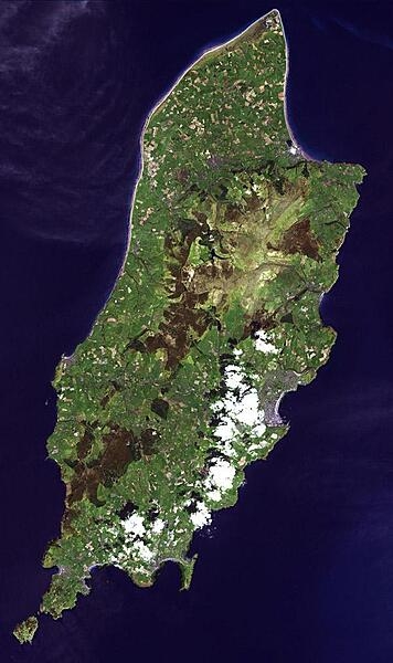 A satellite image of the Isle of Man, taken on 1 May 2001, covers an area of about 30x50 km (19x31 mi). The Isle of Man is a self-governing British Crown Dependency in the Irish Sea between Great Britain and Ireland. Photo courtesy of NASA.