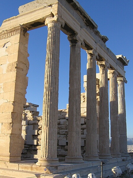 Built between 421 and 406 B.C., the Erechtheion is an ancient Greek temple on the north side of the Acropolis in Athens, Greece. The temple is dedicated to Athena, Poseidon, and the legendary Greek hero Erichthonius.