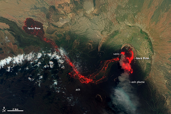 View of the Nabro volcano in Eritrea on 29 June 2011 shows the extent of the lava flow and the diminished intensity of the eruption. The eruption continued for many more weeks. Image courtesy of NASA.