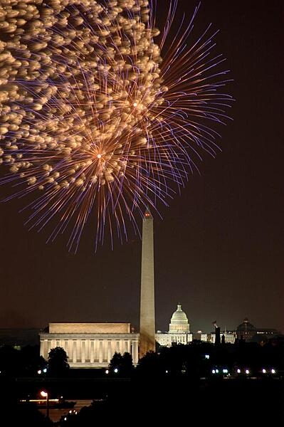 Fourth of July fireworks in Washington, DC; view of the Lincoln Memorial, the Washington Monument, and the US Capitol which is the anniversary of the Continental Congress’ vote to adopt the final draft of the Declaration of Independence proclaiming America free and independent from Great Britain. The country had secured its independence with victory in the American Revolutionary War in (1775-1783). The vote for independence took place on 2 July and after some additional debates, the final vote was on 4 July. The delegates finally signed the Declaration on 2 August 1776. Delegate and founding father John Adams predicted the occasion would be ”celebrated, by succeeding Generations, as the great anniversary Festival...solemnized with Pomp and Parade, with Shews, Games, Sports, Guns, Bells, Bonfires and Illuminations from one End of this Continent to the other from this Time forward forever more.”