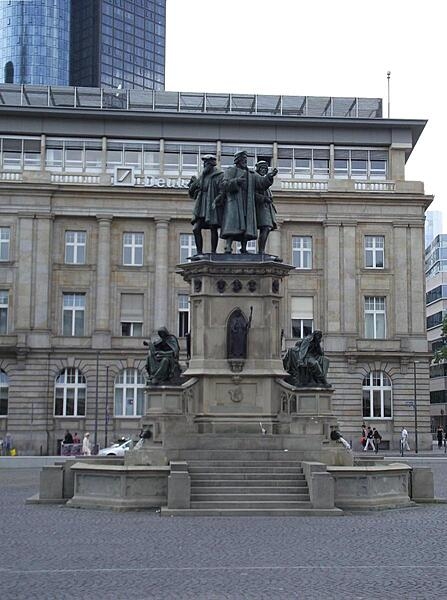 Monument honoring Johannes Gutenberg, the inventor of mechanical movable type, in the Rossmarkt (old Horse Market) of Frankfurt, Germany. His invention in the mid-15th century launched the printing revolution and is regarded as one of the key developments of modern history.