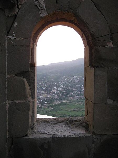 View of Mtskheta, Georgia, through a window opening at the Jvari Monastery (Monastery of the Cross).