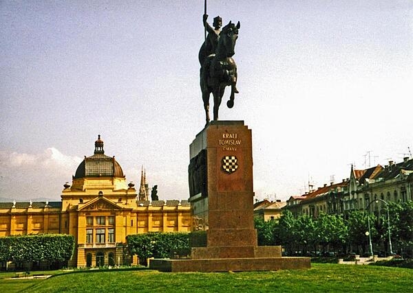 Statue of King Tomislav in his eponymous square in Zagreb, Croatia. Tomislav reigned from 910 to 928, first as the Duke of Dalmatia and then as the first King of Croatia.