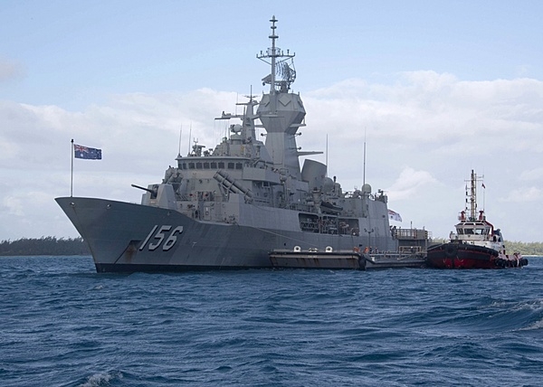 The Australian frigate HMAS Toowoomba makes a port call at Diego Garcia in the British Indian Ocean Territory. Diego Garcia provides critical logistical infrastructure support to US and Allied Forces forward deployed to the Indian Ocean and Arabian Gulf. Photo courtesy of the US Navy.