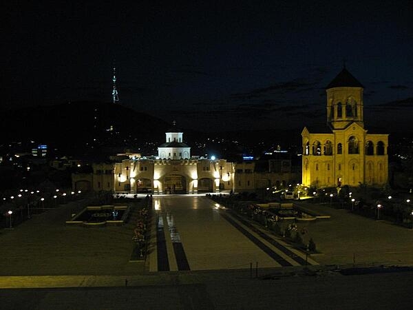 View from the stairs of the Sameba (Holy Trinity) Cathedral in Tbilisi, Georgia, looking out onto city and other buildings of the Sameba complex.