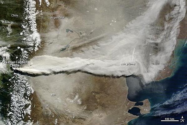 A satellite view of the Puyehue-Cordon Volcano Complex in Chile on June 13, 2011 -- the 10th day of an eruption -- shows a very large blanket of ash deposited onto the Pampas of Argentina. Photo courtesy of NASA.