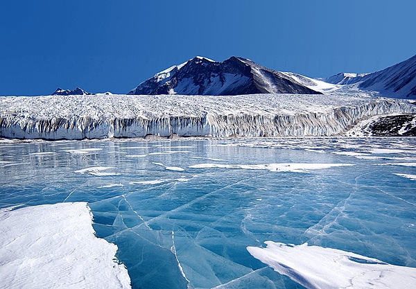 The blue ice covering Lake Fryxell, in the Transantarctic Mountains in Antarctica, comes from glacial meltwater from the Canada Glacier and other smaller glaciers. Image courtesy of National Science Foundation.