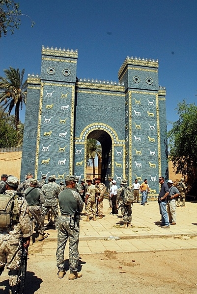 Soldiers and civilians prepare to enter the ancient city of Babylon, Iraq, for a tour. The entrance to the ruins is a reconstruction of the Ishtar Gate. German archeologists dismantled the original gate -- built by Nebuchadnezzar II in 575 B.C. and dedicated to Ishtar, the goddess of love and war -- in the early 20th century and reconstructed it in the Pergamon Museum in Berlin. Photo courtesy of the US Department of Defense/ Sgt. Debralee Best.