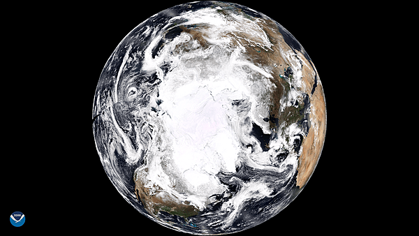 A magnificent satellite view of the Earth's North Pole and the entire Arctic region as seen on April 22, 2018 (Earth Day). The outline of the North American continent is visible at the bottom of the Earth's disk, while the Sahara Desert and northern Africa appear on the right-hand side. Photo courtesy of NOAA National Environmental Satellite, Data, and Information Service (NESDIS).