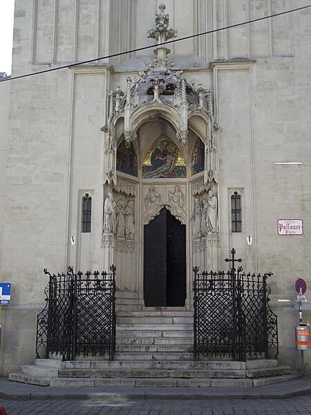 Entrance to the church Maria am Gestade (St. Mary on the Strand) in Vienna, Austria. First mentioned in documents from 1158, the present structure (built between 1394 and 1414) is one of the city's oldest buildings and one of its few surviving examples of Gothic architecture.