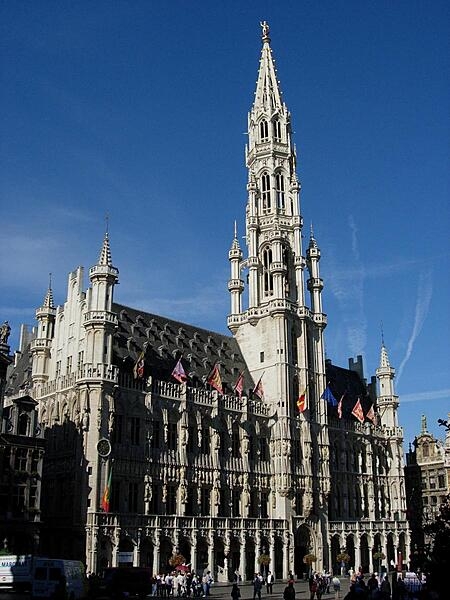 The Grand Place (Grand Square) or Grote Markt (Grand Market) is the central square of Brussels, Belgium; it is bounded by opulent guildhalls and two major edifices, the Hotel de Ville/Stadhuis (City Hall) and the King's House or Breadhouse building that houses the Brussels City Museum. Measuring 68 by 110 m (223 by 361 ft), the Grand Place is the most important tourist destination in Brussels.