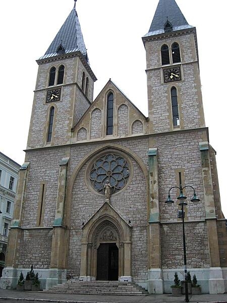 The Cathedral of Jesus' Heart is the largest cathedral in Bosnia and Herzegovina and is the center of Catholic worship in the city of Sarajevo. Located in the Old Town district, the church was constructed between 1884 and 1889 in the Neo-Gothic style but displays Romanesque elements. Damaged during the Siege of Sarajevo (1992-1994), it has been completely restored.