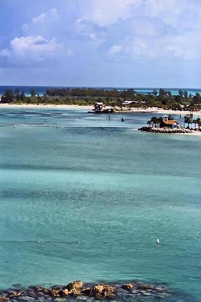 View over a lagoon on the resort island of Castaway Cay in the Bahamas.