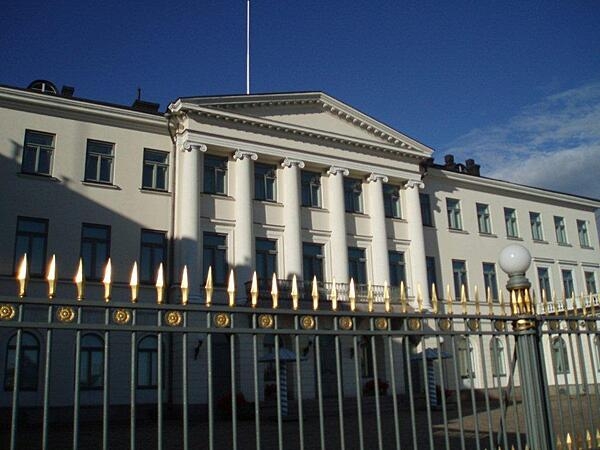 The Presidential Palace on Market Square in Helsinki, Finland. Originally built as the grand home of a local merchant in 1822, the structure was rebuilt in the 1840s and became the official residence of the Russian czar. Today it is one of three official residences of the Finnish president.