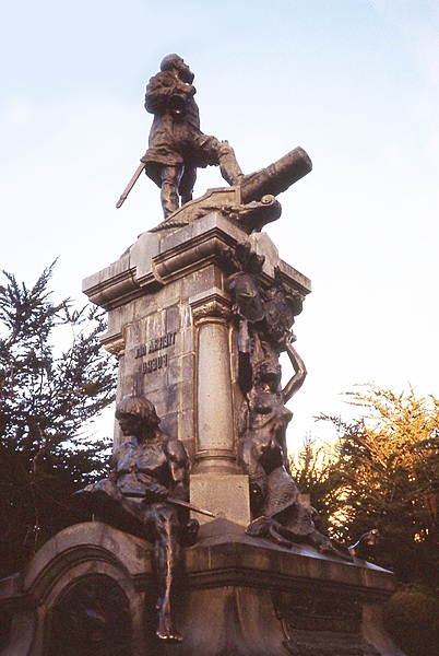 A view of the monument in Punta Arenas, Chile, to Ferdinand Magellan, the first explorer to circumnavigate the world. Overcoming storms and mutinies, the Portuguese expedition (1519-22) crossed the Strait of Magellan (named after the navigator) to become the first explorers to cross from the Atlantic to the Pacific Ocean.