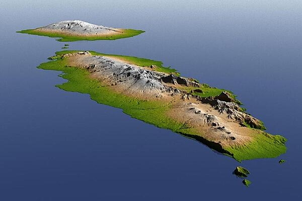 The topography of Savai’i (background) and Upolu (forefront), the two large islands of the Independent State of Samoa, is well shown in this color-coded perspective view from a NASA Shuttle Radar Topography Mission. Image courtesy of NASA.