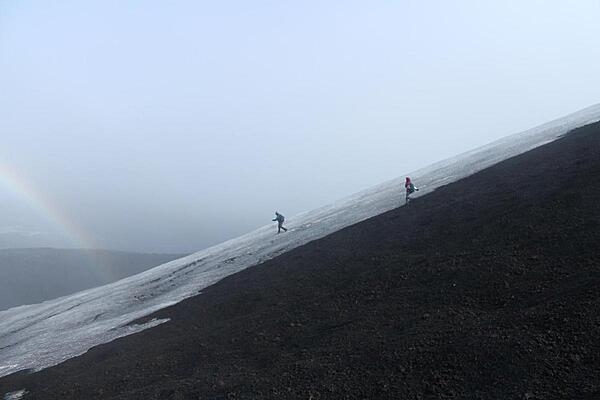 Descent down Hekla across the snowpack. Hekla is a stratovolcano in the south of Iceland and is one of the island's most active volcanoes, with more than 20 eruptions since the ninth century A.D.