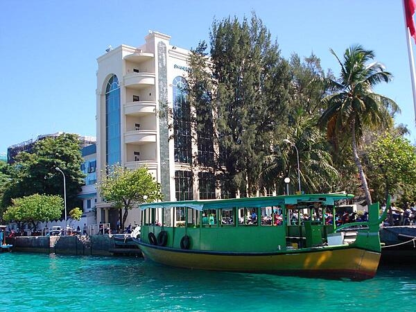 A view of the Male waterfront. The capital city&apos;s harbor is enclosed by an artificial coral stone breakwater.