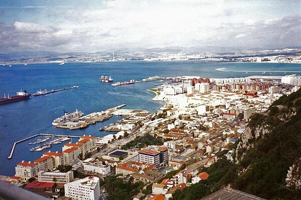 A view of Gibraltar Harbor with Algeciras, Spain, in the background.