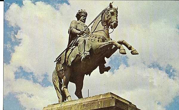 Equestrian statue of Emperor Menelik II in Addis Ababa, Ethiopia. Menelik is remembered for leading Ethiopian troops against the Kingdom of Italy in the First Italo-Ethiopian War, where he scored a decisive victory at the Battle of Adwa in 1896 and secured Ethiopian independence.