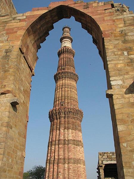 Qutb Minar, built in the early 13th century, is in the south Delhi neighborhood of Mehrauli; it is the world's tallest brick minaret and the second tallest tower in India. The red sandstone structure is 72.5 m (238 ft) high with 379 steps leading to the top.