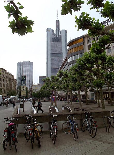 The Eurotower (on the left) and Commerzbank Tower in the bankenviertel (financial district) of Frankfurt, Germany. The skyscrapers were constructed 20 years apart, in 1977 and 1997, respectively.