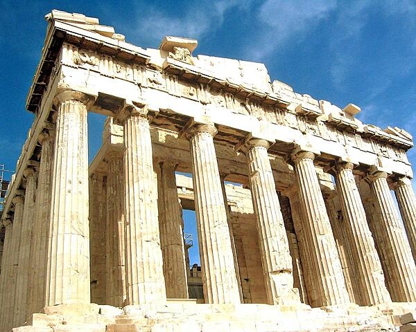 Close-up of the front of the Parthenon, which is the temple to Athena, the patron deity of ancient Athens in Greece.