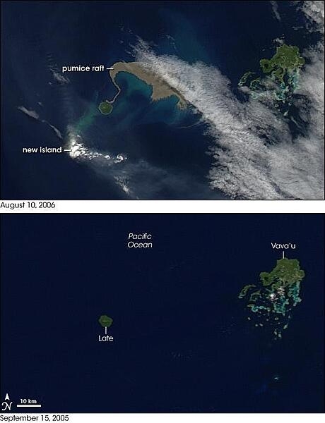 August 2006 brought two new things to the Tonga Islands in the South Pacific. One was a raft of lightweight, frothy volcanic rock - pumice - floating on the ocean surface. The other was a new island emerging out of the water. NASA&apos;s Aqua satellite captured the aftermath of the eruption on 10 August 2006. For comparison, the bottom image shows the same area but taken almost one year earlier, on 15 September 2005. 

The emerging volcanic island is partially hidden by its own plume. Volcanic plumes often appear drab gray or beige compared to clouds, and plumes from the emerging island move away from it in different directions, one to the southeast, and some to the north. The bright white spot directly over the island may be cloud cover, or it could be steam resulting from volcanic emissions.

The raft of pumice appears to the northeast of the emerging island, and it actually connects, via a thin thread, to neighboring Late Island. The blue-green color of the water around the raft and the new island is probably fine sediment that is making the deep blue water more reflective. The pumice raft gained international attention when a news report described the experience of a yacht crew that inadvertently encountered the pumice raft. The &quot;sea of stone&quot; clogged the yacht&apos;s engine-cooling system, forcing the vessel to turn back.

Pumice rafts are not an everyday occurrence, but they have been observed before. Biologists theorize that pumice rafts may be one of the ways that plants and animals spread from island to island in marine environments. Photo courtesy of NASA.