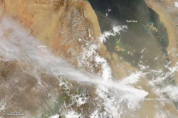 The stratovolcano Nabro rumbled to life on 12 June 2011 in Eritrea, after a series of earthquakes. This satellite image was taken the following day. There had been no previous reports of eruptions at Nabro. Photo courtesy of NASA.