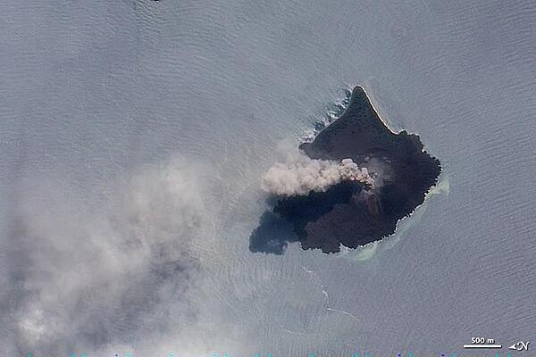 The thick brown plume of ash, steam, and volcanic gas rising from Anak Krakatau in this true-color image is a common sight at the volcano. Responsible for one of the largest and most destructive eruptions in Indonesia's history (1883), Krakatau still erupts frequently. For this reason, the volcano is one of 100 that NASA automatically monitors by satellite. Photo courtesy of NASA.