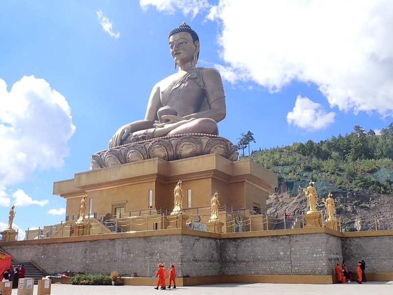 The Great Buddha Dordenma is located in Thimphu, Bhutan's capital and largest city.  The statue celebrates the 60th birthday of Bhutan's fourth king, Jigme Singye Wangchuck. Construction on the 52 m (170 ft) tall steel statue began in 2006 and was completed in 2015. The Buddha Dordenma is one of the largest Buddha statues in the world.