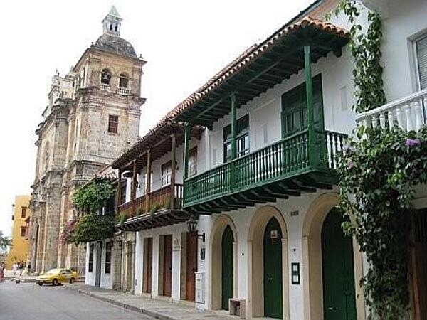 Street scene in the northern city of Cartagena, Colombia. The city's colonial walled section and fortress have been designated a UNESCO World Heritage site.