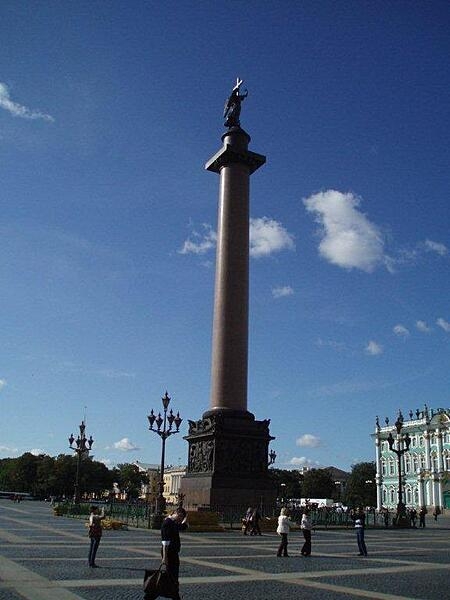 The Alexander Column is a focal point of Palace Square in Saint Petersburg (part of the Winter Palace appears in the background). The single-piece red granite column was erected between 1830 and 1834 in grateful commemoration of Czar Alexander I who led the Russian victory in the war with Napoleonic France. The monument - the tallest of its kind in the world - is 47.5 m (156 ft) high and weighs some 600 tons.