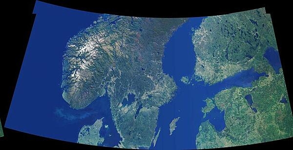 A cloud-free, natural-color mosaic of Scandinavia and the Baltic region. Image courtesy of NASA.