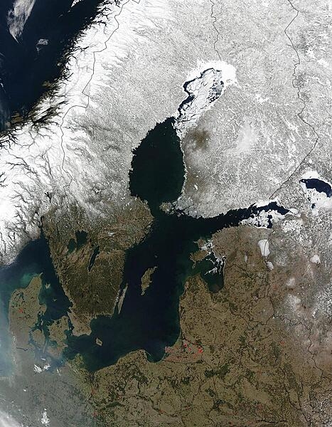 Red dots mark the locations of fires burning in countries south and east of the Baltic Sea in this early April image. The scattered fires were probably set to clear land for agricultural purposes. The Scandinavian countries are still blanketed in snow. From the left, the countries lining the Baltic on the south are Denmark, Germany, Poland, Russia (Kaliningrad), Lithuania, Latvia, Estonia, and Russia. Belarus forms the lower right corner of the image. Photo courtesy of NASA.