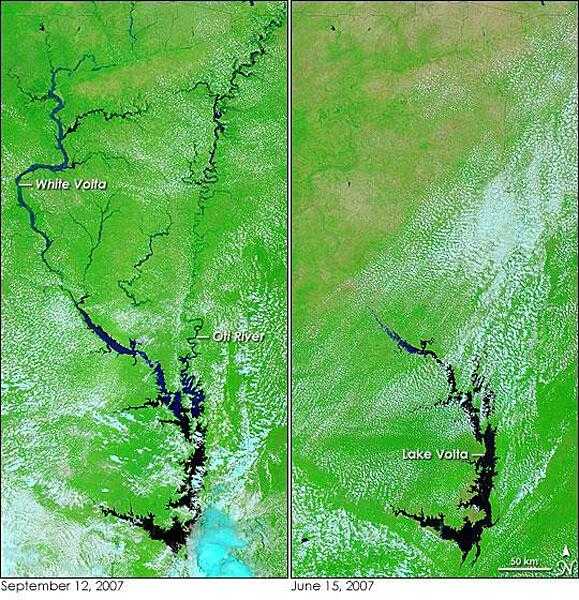 Two satellite images encompassing most of Ghana reveal extensive flooding. The view on the left, taken on 12 September 2007, shows river systems swollen compared to conditions in June (right) before the rainy season started. The most flooded rivers are the White Volta and its tributaries. The Oti River, which flows into Lake Volta from the northeast, is also high. Water is black and dark blue, and plant-covered land is green. Bare earth or lightly vegetated land is tan. Photos courtesy of NASA.