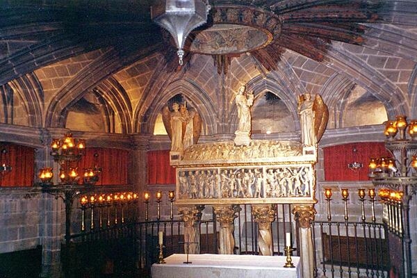 The crypt of the Cathedral of the Holy Cross and Santa Eulalia in Barcelona. The saint is the patron of the Spanish city.