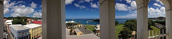 Panorama of Christiansted, Saint Croix, U.S. Virgin Islands, taken from the Steeple Building, a former church, now part of Christiansted National Historic Site. Photo courtesy of the US National Park Service.