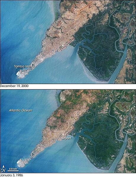 Africa's coastal country of Guinea is nicknamed the "water tower of Africa," thanks to the more than 20 rivers originating inside its borders, as well as its relatively high precipitation. The city of Conakry originated on Tombo Island and spread up the Kaloum Peninsula. In these true-color satellite images, water ranges in color from deep to pale blue, vegetation appears dark green, and bare ground and urbanized areas range in color from gray to beige to reddish-brown. Photo courtesy of NASA.