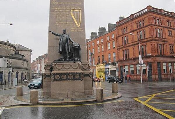 A statue of Charles Stewart Parnell in upper O'Connell Street near Parnell Square. Parnell was a 19th-century member of Parliament and a champion of home rule for Ireland.