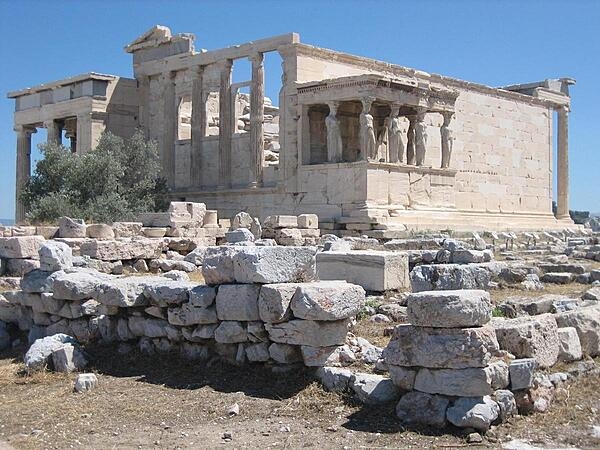 A view from the south of the Erechtheum temple on the Acropolis in Athens, Greece.