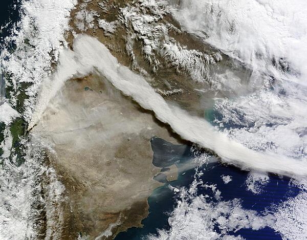 A NASA image taken on the morning of June 6, 2011, shows a large ash plume emanating from Chile's Puyehue-Cordon Caulle volcano. Reaching an altitude of approximately 12,000-15,000 m (40,000-45,000 ft), the ash cloud drifted north along the Andes. Image courtesy of NASA.