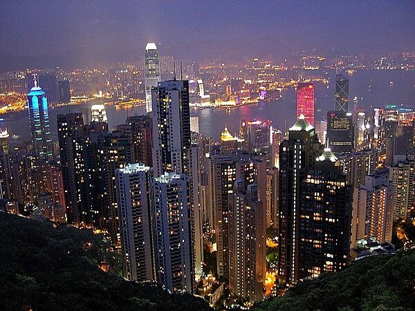 A nighttime view of Hong Kong, viewed from Victoria Peak.