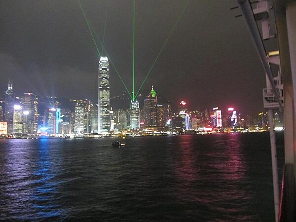 The Hong Kong skyline at night.