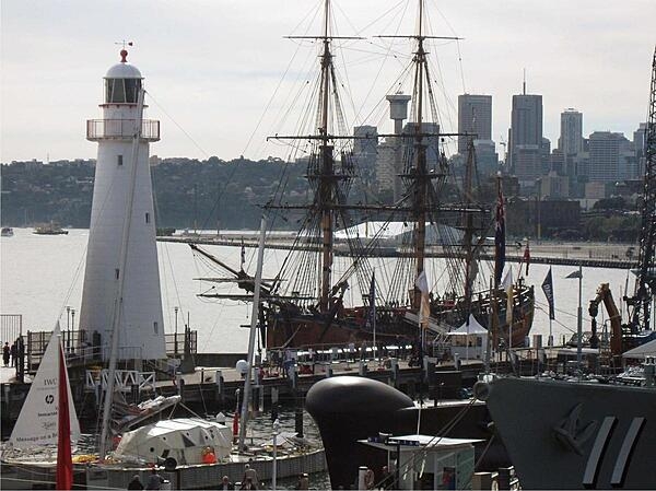 HM Endeavour, a replica ship anchored at the Australian National Maritime Museum in Darling Harbour, Sydney. The original Endeavour was commanded by Lt. James Cook during his first voyage of discovery (1768-1771).