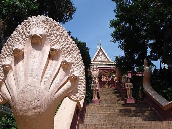 Stairway leading to the temple at Wat Phnom, Cambodia.