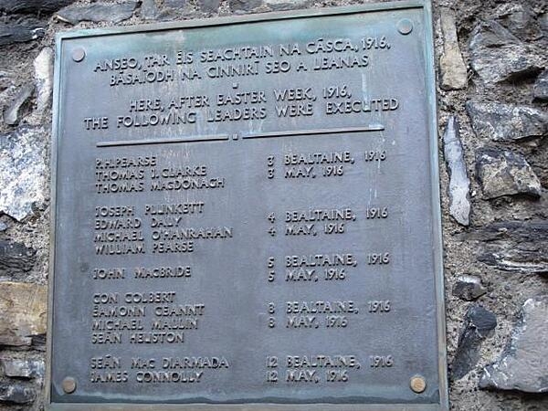 Plaque with the names of the leaders of the Easter Uprising in April 1916, who were executed in early May 1916 in the courtyard of the Kilmainham Gaol in Dublin, Ireland.