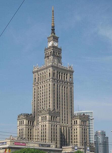 The Palace of Culture and Science in Warsaw, the tallest building in Poland,  is 231 m (757 ft), which includes a 43 m spire. The building contains 3,288 rooms.  It was built between 1952 and 1955 as a gift to Poland by the Soviet Union. For decades the building was hated by the Poles, who considered it a symbol of Soviet domination. Since the fall of the Soviet Bloc, however, the structure's negative symbolism has diminished. The building currently serves as an exhibition center and office complex.