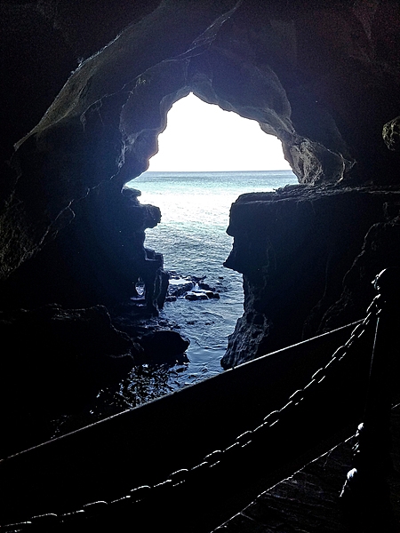 The Caves of Hercules is an archaeological cave complex in Cape Spartel, 14 km west of Tangier. Atlantic Ocean waters flood the caves at high tide. The cave opening is said to resemble the shape of the continent of Africa.