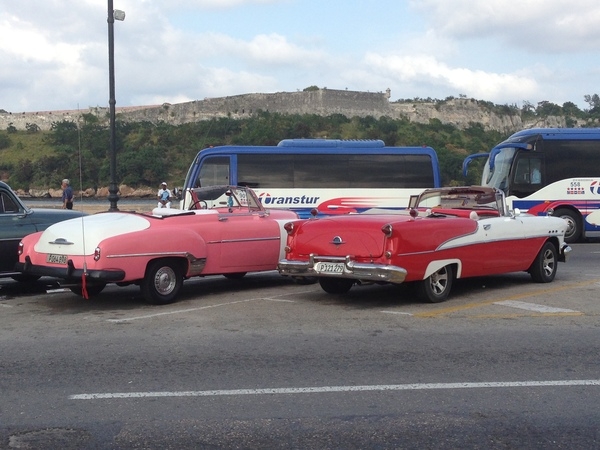 Well-maintained classic cars at a Cuban car park.